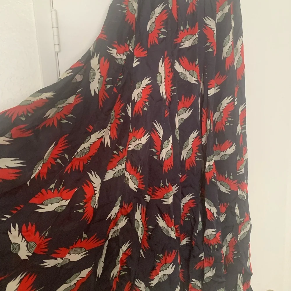 THE GREAT. Godet Navy Birds Paradise Maxi Skirt Red Feather Small - Picture 3 of 15